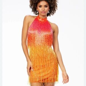 Ashley Lauren size 2 Vibrant Orange and Red Fringe Dress